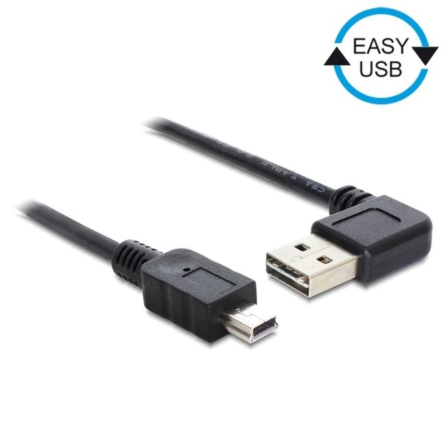 Mini USB naar Easy-USB-A haaks (links/rechts) kabel - USB2.0 - tot 2A / zwart - 3 meter