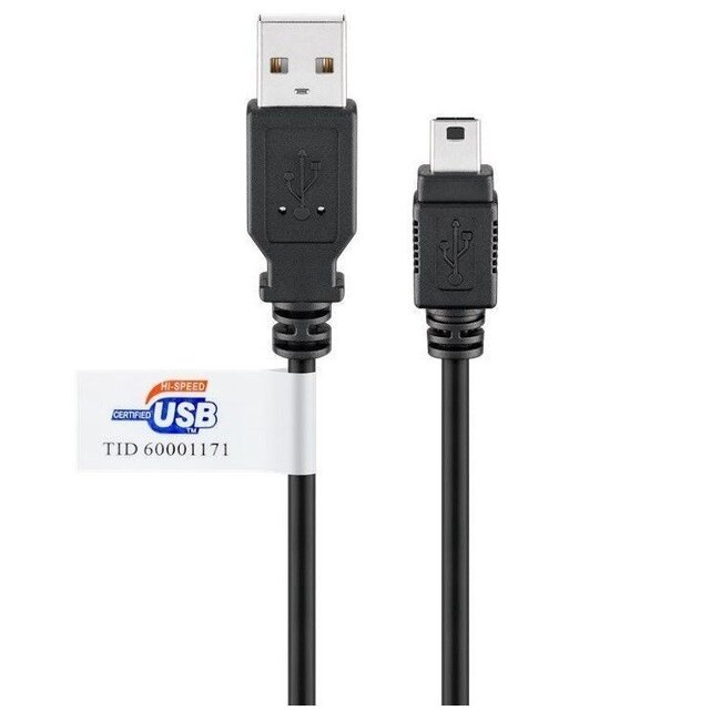USB Mini B naar USB-A kabel - USB2.0 gecertificeerd - tot 1A / zwart - 1,8 meter