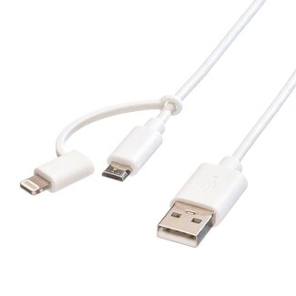 Nedis 8-pins Lightning en Micro USB naar USB-A combi-kabel - USB2.0 - tot 3A / wit - 1 meter