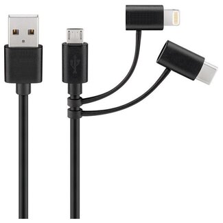 Nedis 8-pins Lightning, Micro USB en USB-C naar USB-A combi-kabel - USB2.0 - tot 3A / zwart - 1 meter