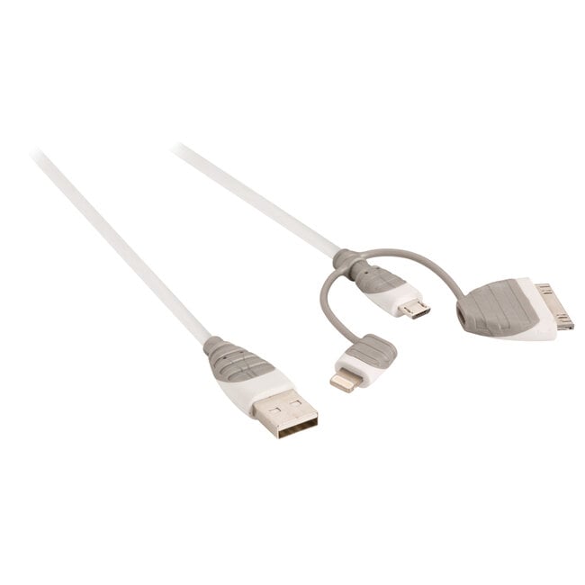 Bandridge 8-pins Lightning, 30-pins Apple Dock en Micro USB naar USB combi-kabel - wit - 1 meter