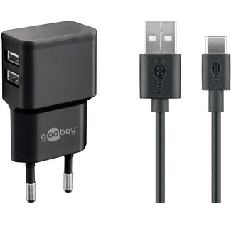 Goobay Goobay USB-A thuislader met 2 poorten en losse USB-C kabel - 2,4A / zwart - 1 meter