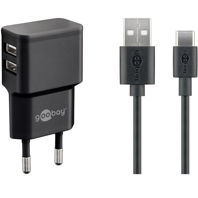 Goobay USB-A thuislader met 2 poorten en losse USB-C kabel - 2,4A / zwart - 1 meter