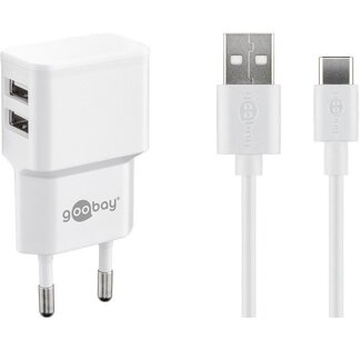 Goobay Goobay USB-A thuislader met 2 poorten en losse USB-C kabel - 2,4A / wit - 1 meter