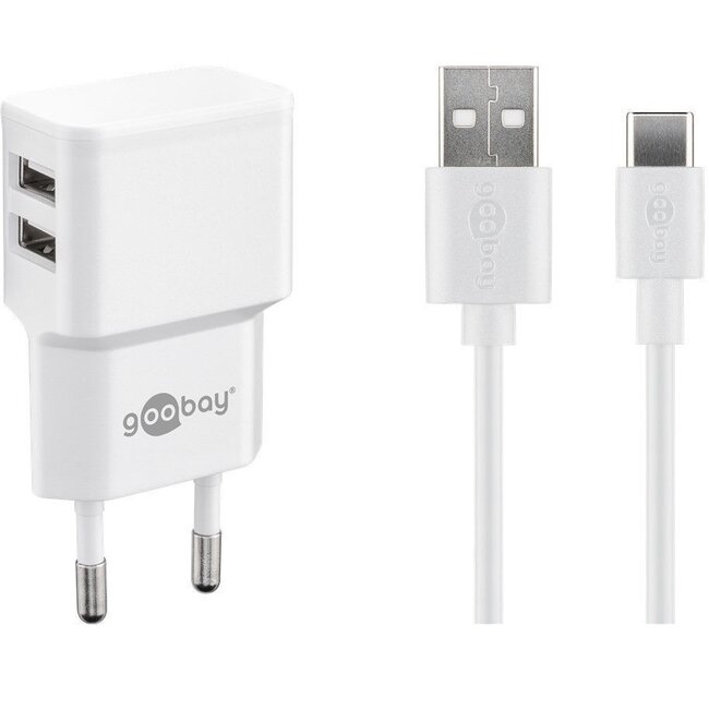 Goobay USB-A thuislader met 2 poorten en losse USB-C kabel - 2,4A / wit - 1 meter