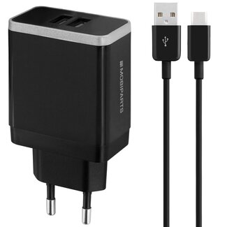 Mobiparts Mobiparts USB-A thuislader met 2 poorten en losse USB-C kabel - Smart IC - 2,4A / zwart - 1 meter