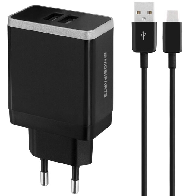 Mobiparts USB-A thuislader met 2 poorten en losse USB-C kabel - Smart IC - 2,4A / zwart - 1 meter