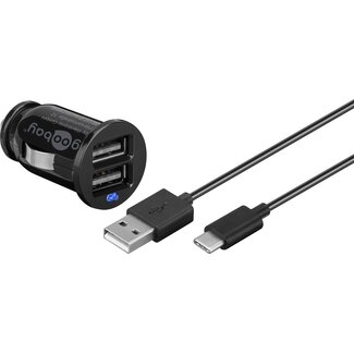 Goobay Goobay USB-A autolader met 2 poorten en losse USB-C kabel - 2,1A / zwart - 1 meter