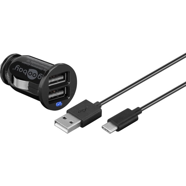 Goobay USB-A autolader met 2 poorten en losse USB-C kabel - 2,1A / zwart - 1 meter