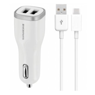 Mobiparts Mobiparts USB-A autolader met 2 poorten en losse USB-C kabel - Smart IC - 4,8A / wit - 1 meter