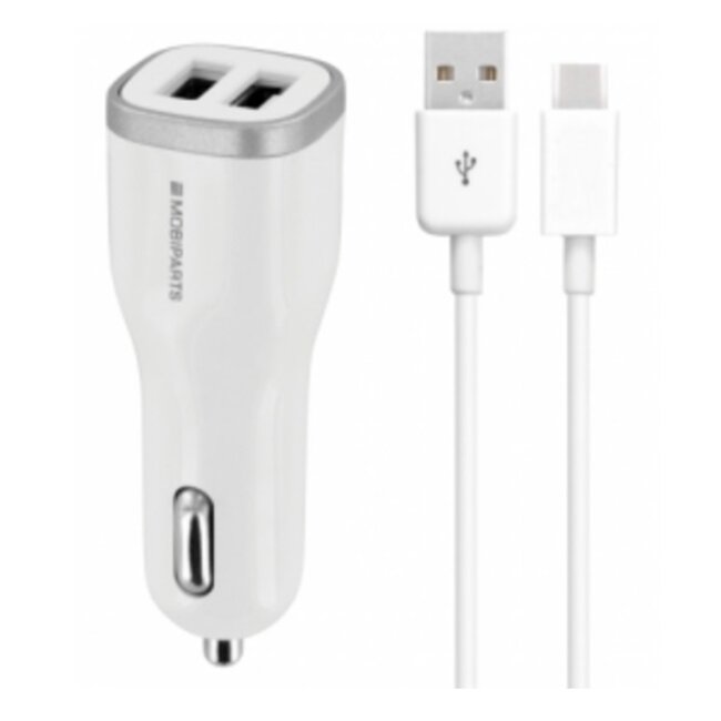 Mobiparts USB-A autolader met 2 poorten en losse USB-C kabel - Smart IC - 4,8A / wit - 1 meter