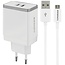 Mobiparts USB-A thuislader met 2 poorten en losse USB Micro B kabel - Smart IC - 2,4A / wit - 1 meter