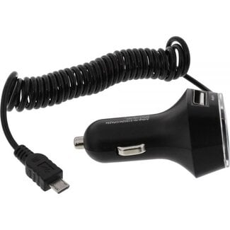 InLine USB-A autolader met 2 poorten en vaste USB Micro B spiraalkabel - 3,1A / zwart - 1 meter
