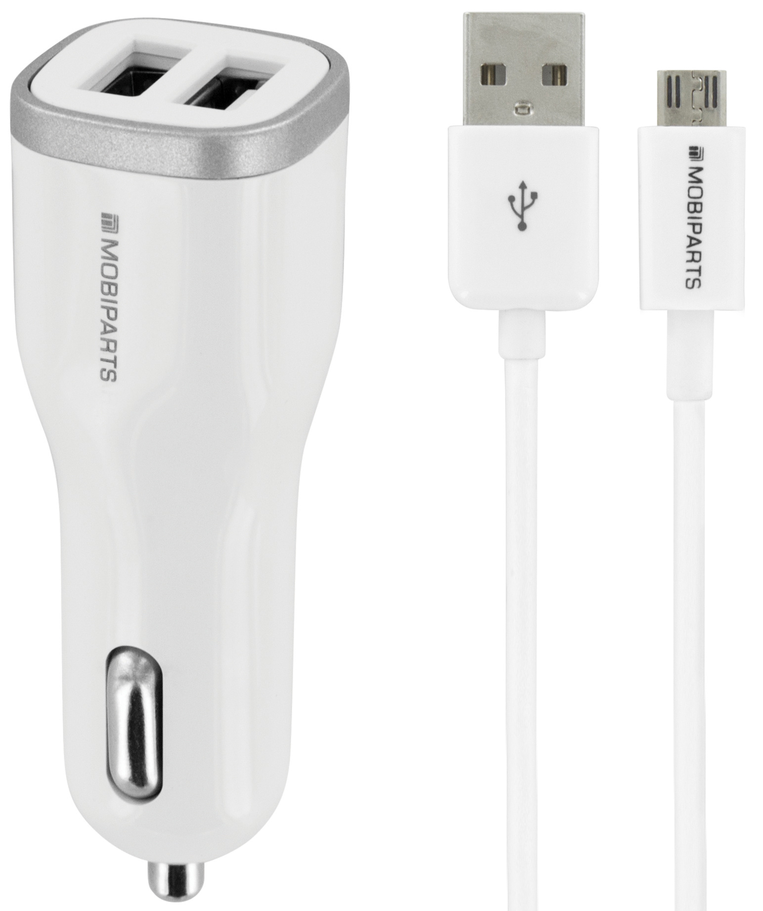 Mobiparts Mobiparts Car Charger Dual USB 2.4A + Micro USB Cable White. Type oplader: Auto, Type stroombron: Sigarettenaansteker, Lader compatibiliteit: Universeel. Ingangsspanning: