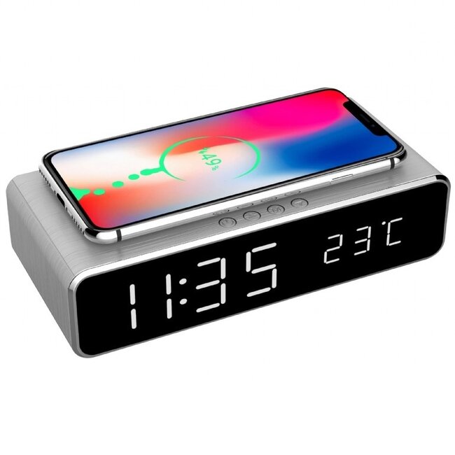 Digitale wekker met draadloze lader met Qi Wireless Charging technologie - 1A / zilver