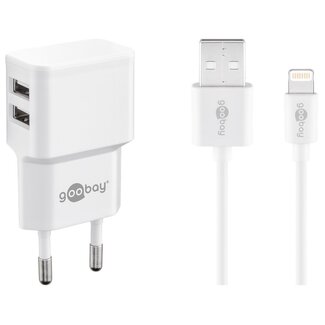 Goobay USB-A thuislader met 2 poorten en losse 8-pins Lightning - USB kabel - Smart IC - 2,4A / wit - 1 meter