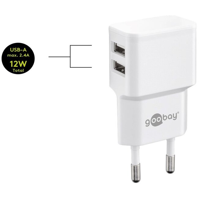 USB-A thuislader met 2 poorten en losse 8-pins Lightning - USB kabel - Smart IC - 2,4A / wit - 1 meter