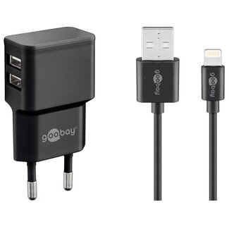 Goobay USB-A thuislader met 2 poorten en losse 8-pins Lightning - USB kabel - Smart IC - 2,4A / zwart - 1 meter