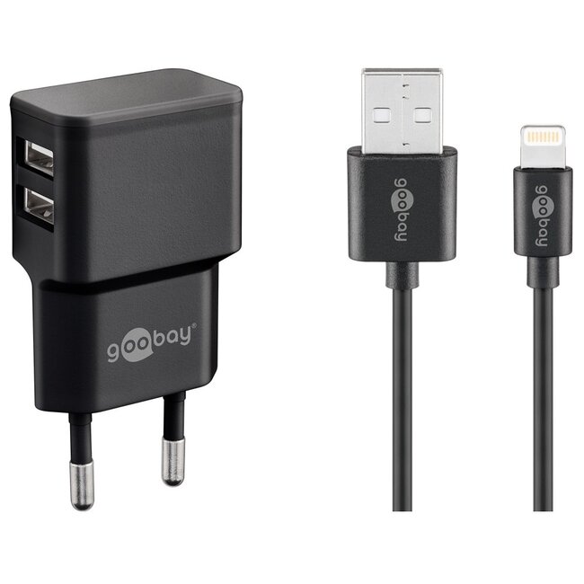 USB-A thuislader met 2 poorten en losse 8-pins Lightning - USB kabel - Smart IC - 2,4A / zwart - 1 meter