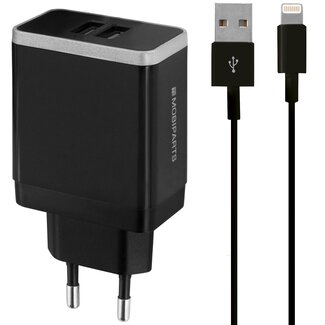 Mobiparts Mobiparts USB-A thuislader met 2 poorten en losse 8-pins Lightning - USB kabel - Smart IC - 2,4A / zwart - 1 meter