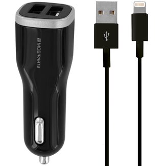 Mobiparts Mobiparts USB-A autolader met 2 poorten en losse 8-pins Lightning - USB kabel - Smart IC - 2,4A / zwart - 1 meter