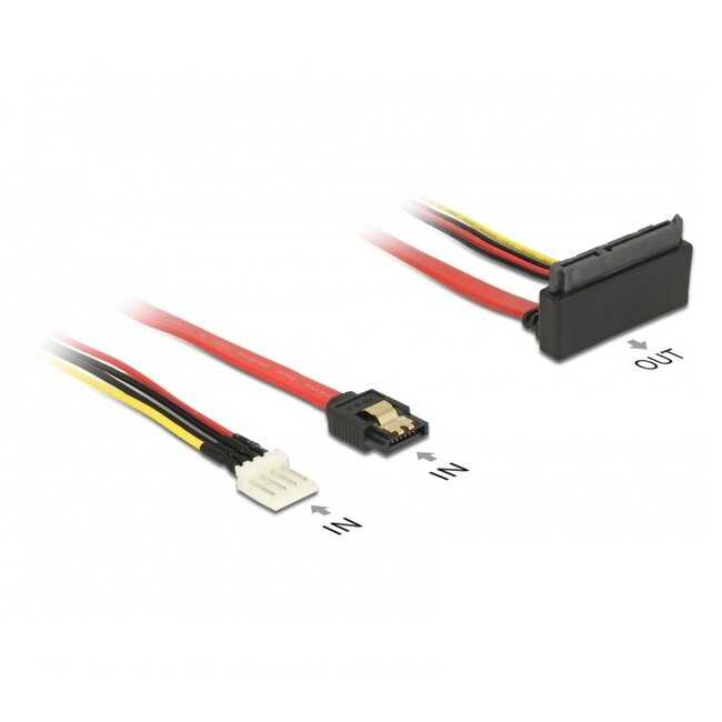 Floppy (m) + SATA data (v) naar haakse SATA data en 5V + 12V voeding kabel - SATA600 - 6 Gbit/s / rood - 0,30 meter