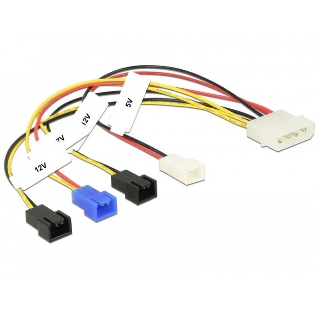 Molex (m) - 4x 3-pins Case Fan (m) voedingskabel (2x 12V + 1x 7V + 1x 5V) - 0,20 meter