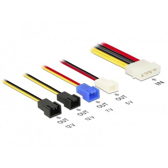 Molex (m) - 4x 3-pins Case Fan (m) voedingskabel (2x 12V + 1x 7V + 1x 5V) - 0,20 meter