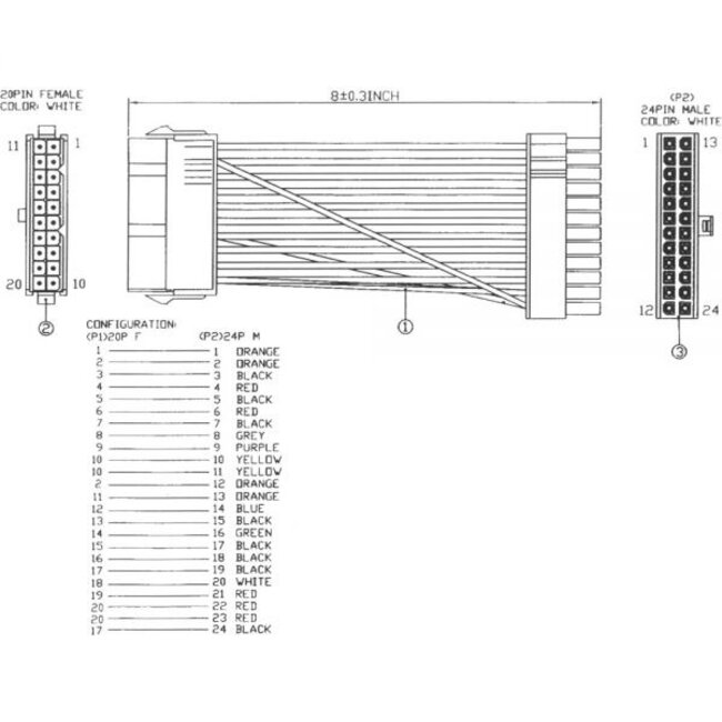 ATX 24-pins (m) - ATX 20-pins (v) voedingskabel - 0,15 meter