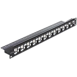 DeLOCK Delock 19 inch patch panel met kabelgeleiding | voor 24 Keystone modules | gespreide poorten | 1U | zwart