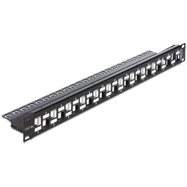 Delock 19 inch patch panel met kabelgeleiding | voor 24 Keystone modules | gespreide poorten | 1U | zwart
