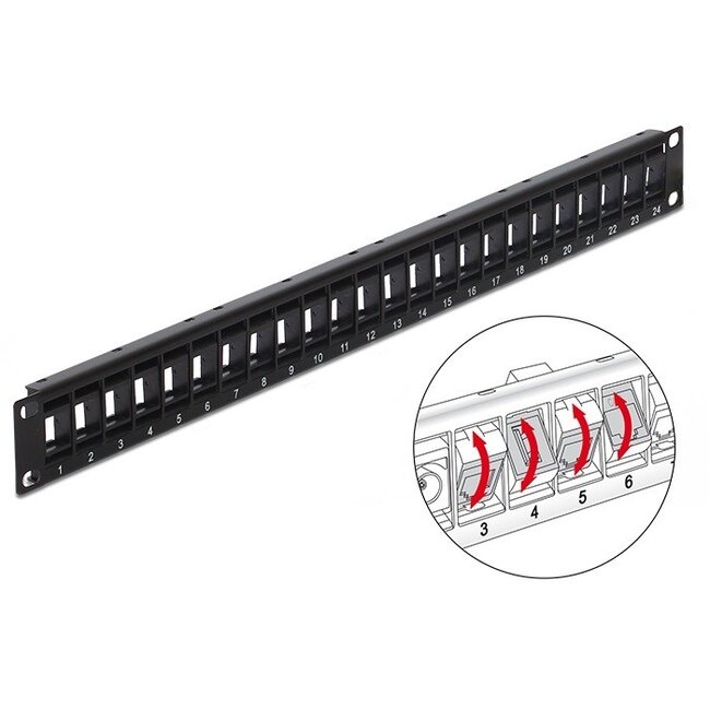 Delock 19 inch patch panel | voor 24 Keystone modules | gedraaide poorten | 1U | zwart