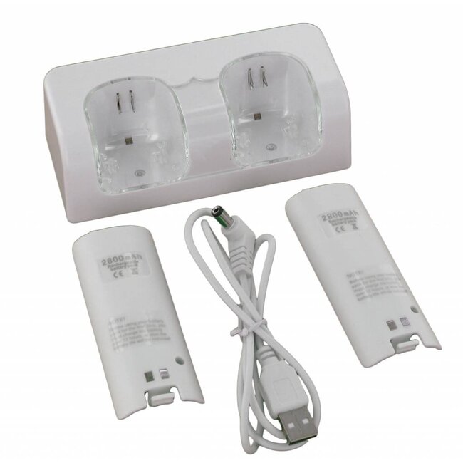Oplaadstation met accu's voor 2 Nintendo Wii Remote controllers met/zonder MotionPlus / wit