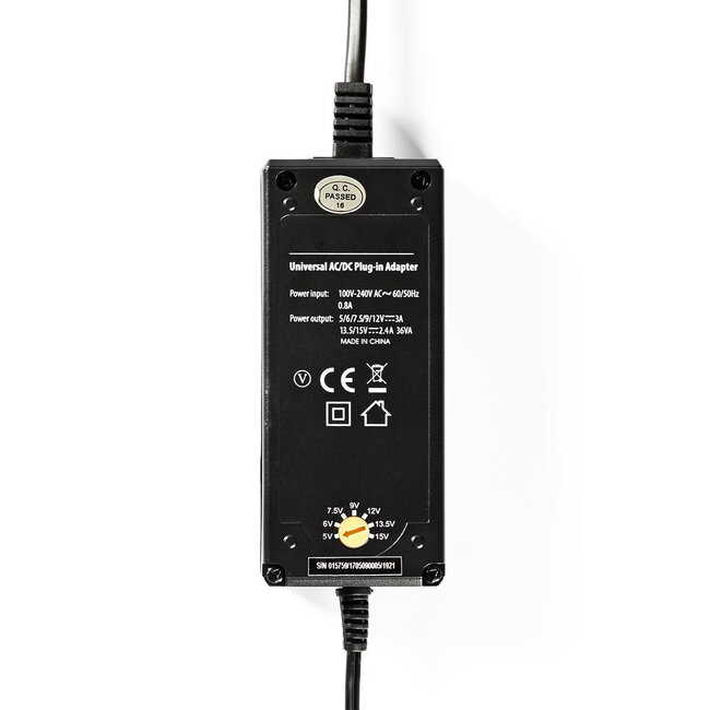 Universele voedingsadapter 5-15V / 2,4-3A / 36W met 6 verwisselbare pluggen / zwart - 1,8 meter