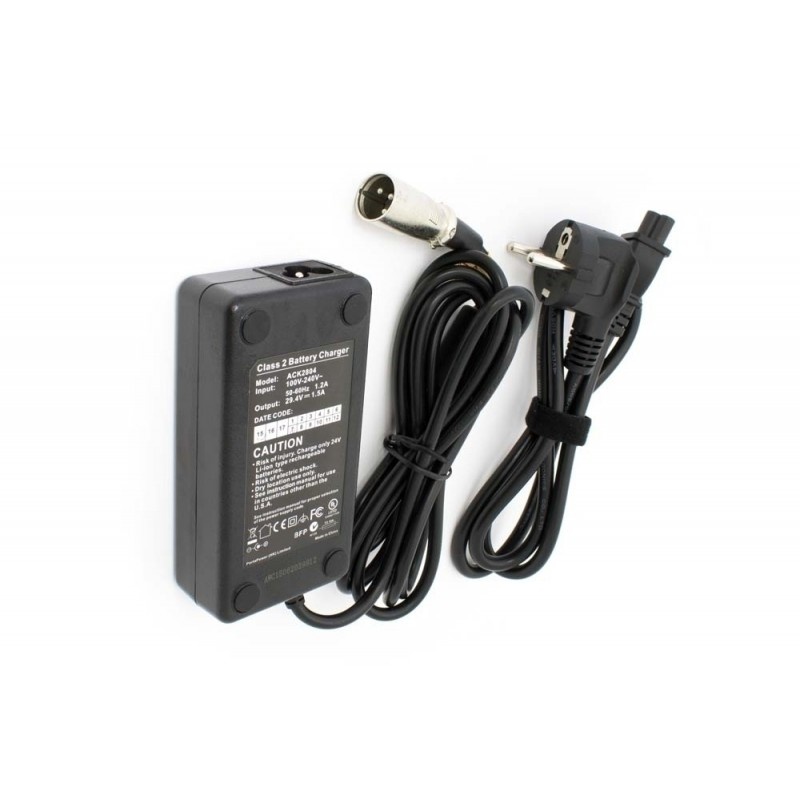 Oplader voor E-bike - Voor 24V Accu's - 29,4V - 1,5A - 52W - 3-Pins aansluiting -  Zwart