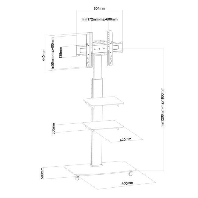 My Wall premium verrijdbare vloerstandaard met 2 planken voor schermen tot 70 inch / zwart