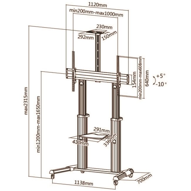 My Wall professionele verrijdbare vloerstandaard met plank en camera beugel voor schermen tot 100 inch