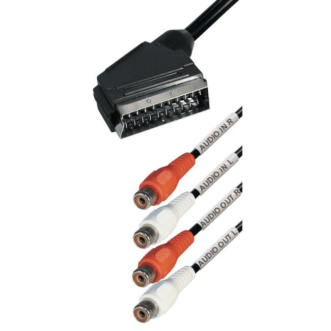 Scart (m) naar Tulp stereo 2x RCA IN + OUT (v) audio adapter / zwart - 0,20 meter