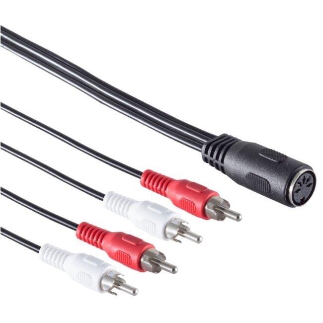 DIN 5-pins (v) - 2x Tulp stereo 2RCA (m) audio adapter (recorder - versterker) / zwart - 0,20 meter