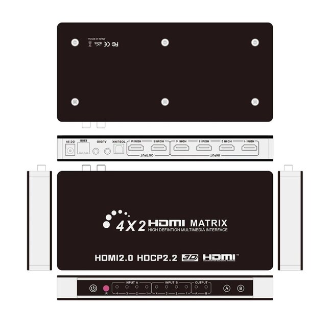 HDMI matrix schakelaar 4 naar 2 met extra Toslink + 3,5mm uitgang - versie 1.4 (4K 30Hz)