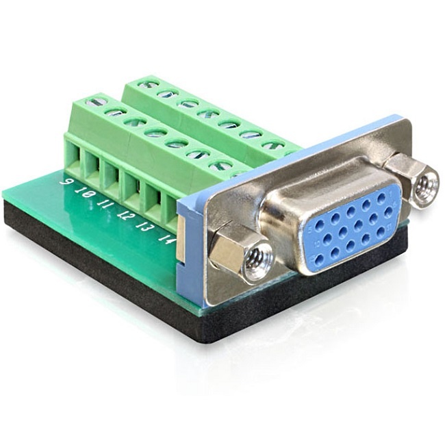 DeLOCK Adapter VGA female > Terminal Block 16pin. Aansluiting 1: 16pin. Kleur van het product: Groen