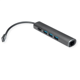 Value USB-C naar HDMI, 3x USB-A en RJ45 adapter met DP Alt Mode (4K 30 Hz) / zwart - 0,10 meter