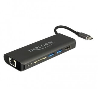 DeLOCK Premium USB-C naar HDMI, 2x USB-A, USB-C PD, RJ45 en SD/MMC adapter met DP Alt Mode (4K 30 Hz) / zwart - 0,15 meter