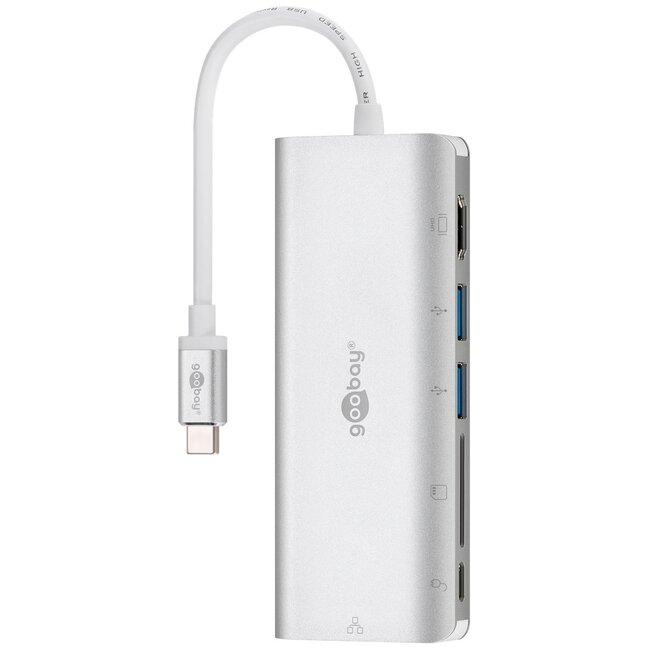 Goobay USB-C naar HDMI 4K 30Hz, 2x USB-A, USB-C PD 100W, RJ45 en SD adapter / aluminium - 0,15 meter