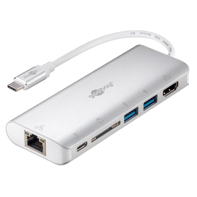 Goobay USB-C naar HDMI 4K 30Hz, 2x USB-A, USB-C PD 100W, RJ45 en SD adapter / aluminium - 0,15 meter