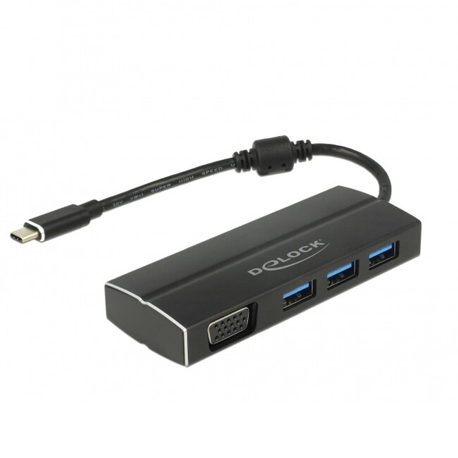 Premium USB-C naar VGA adapter met 3-poorts USB hub en DP Alt Mode (1920 x 1200) / zwart - 0,15 meter