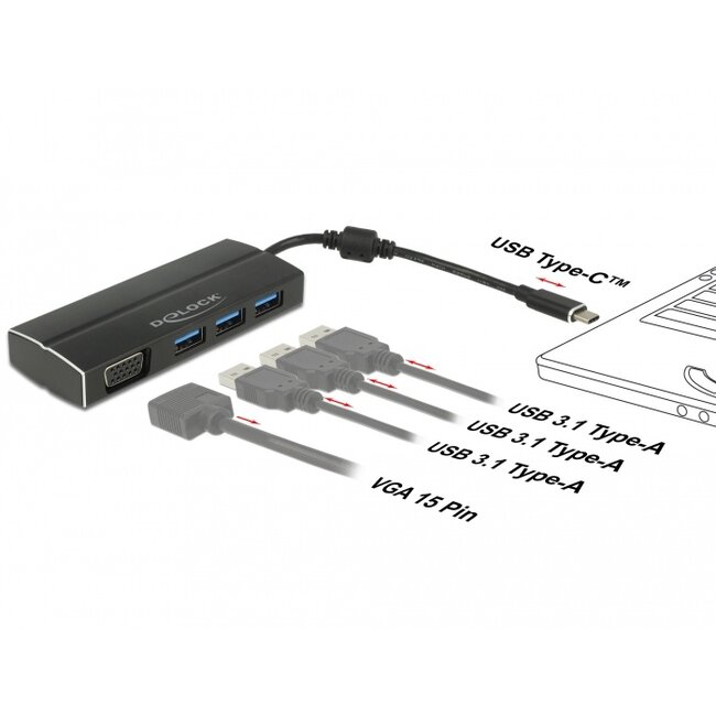 Premium USB-C naar VGA adapter met 3-poorts USB hub en DP Alt Mode (1920 x 1200) / zwart - 0,15 meter