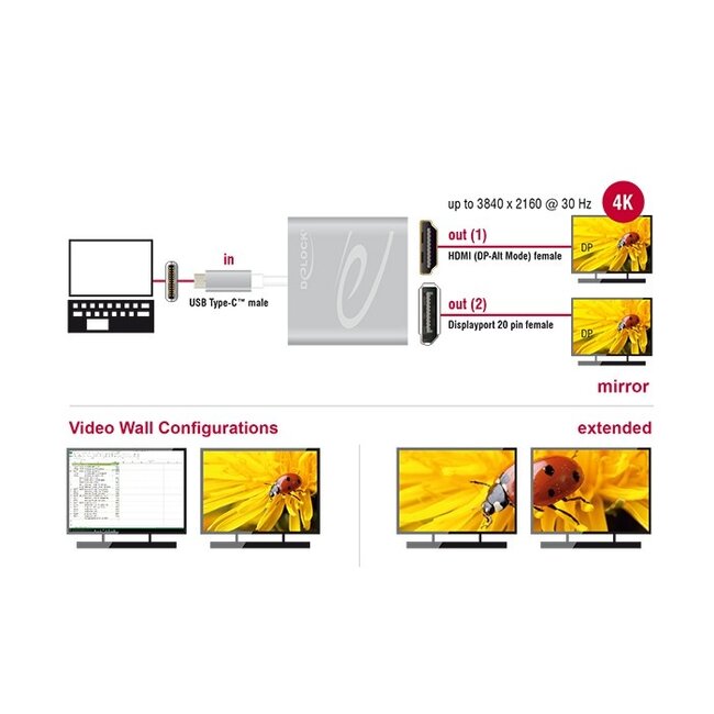 Premium USB-C naar HDMI en DisplayPort splitter met DP Alt Mode (4K 30 Hz) / zilver - 0,10 meter