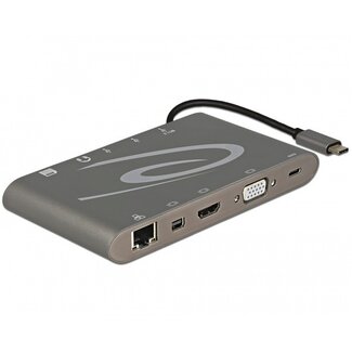 DeLOCK Premium USB-C naar HDMI, Mini DisplayPort, VGA, 3,5mm, RJ45, USB-A en USB-C docking station met kaartlezer en DP Alt Mode / grijs - 0,15 meter