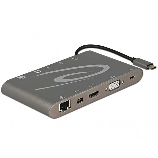 Premium USB-C naar HDMI, Mini DisplayPort, VGA, 3,5mm, RJ45, USB-A en USB-C docking station met kaartlezer en DP Alt Mode / grijs - 0,15 meter